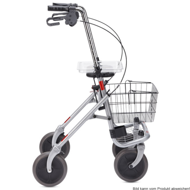 Rollator SENIO mit Tablett, Korb, Sitz und Stockhalter, PU, silber