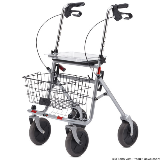 Rollator SENIO mit Tablett, Korb, Sitz und Stockhalter, PU, silber