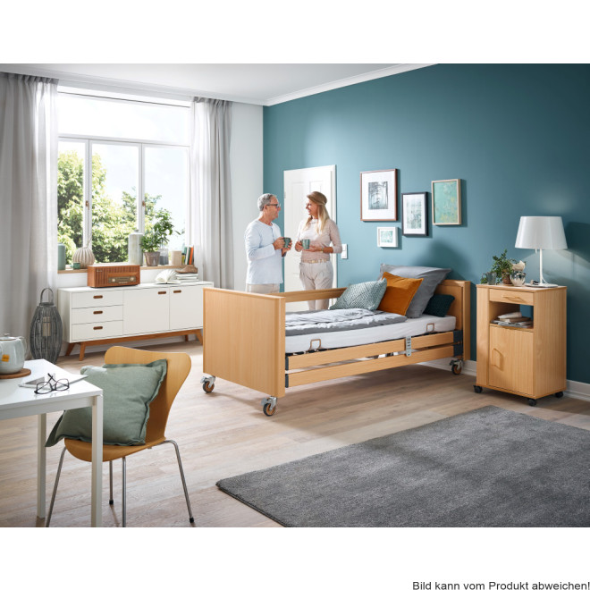 Pflegebett DALI mit Holzhaube u. Kabelhandschalter 90x200 cm Holz