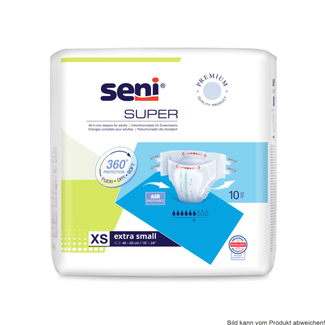 Inkontinenzhosen Seni Super Extra Small, Hüfte 40 bis 60 cm(1 Karton: 12 x 10 Stück)
