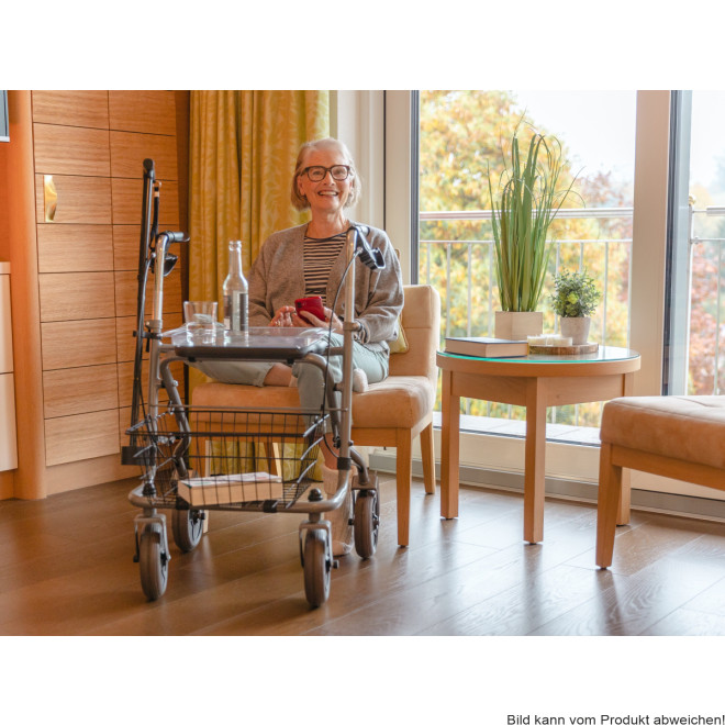 Rollator MIGO 2G 190/50 mit Stockhhalter, Tablett, Korb, PU, silber