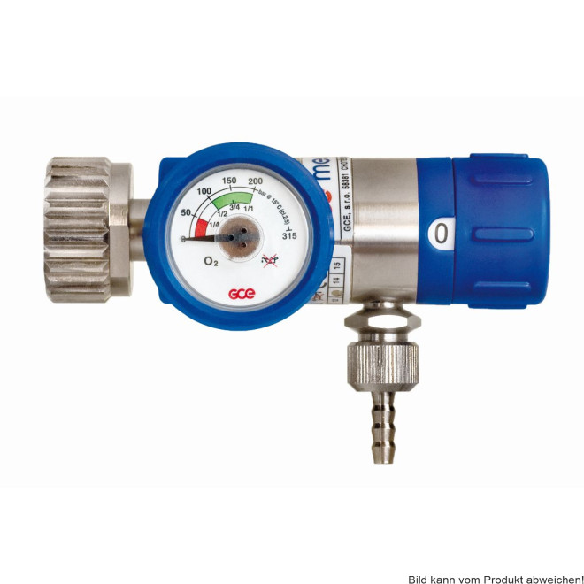 Druckminderer Mediselect 25 O2, D-KL kurz, Flow= 0-25 l/min. Eingang 3/4" Abgang 9/16" + Tülle
