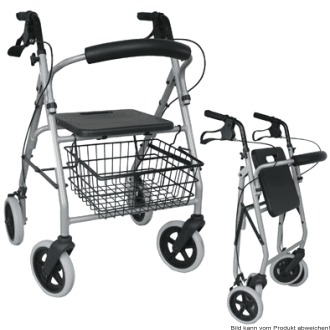 Leichtgewichtrollator Gigo 2G anatomische Griffe, Tablett, Korb, silber