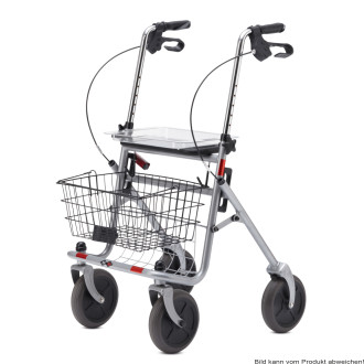 Rollator SENIO mit Tablett, Korb, Sitz und Stockhalter, PU, silber